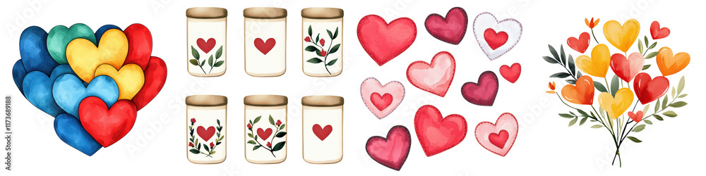 Fototapeta premium Valentine day concept. Colorful heart decorations and jars, perfect for celebrating love and romance, on a white isolated background.