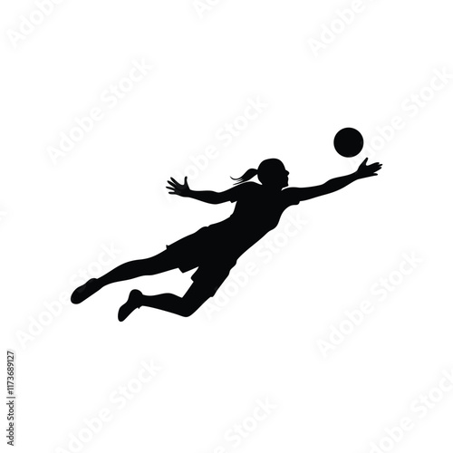 A female goalkeeper jumping to save goal verctor silhouette