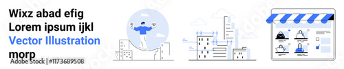 Person on a unicycle, tall city buildings, and online storefront icon illustrate urban lifestyle and digital business growth. Ideal for urban planning, business, e-commerce, startups, technology