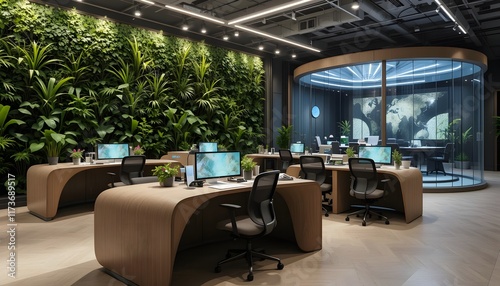 Modern Open Office with Green Wall and Curved Desks