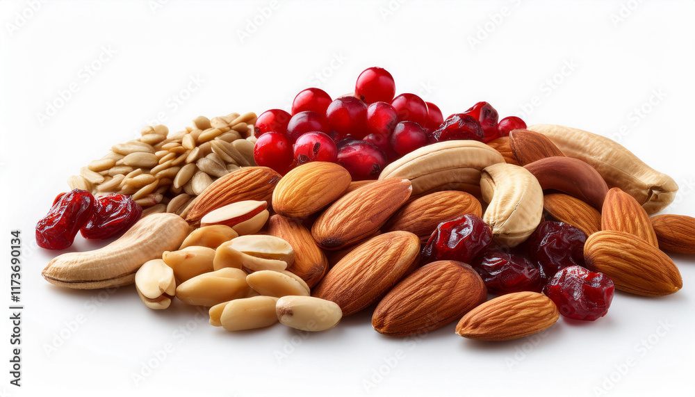 sunflower seed almond cashew peanut walnut nut raisin and cranberry remoted on white historical past
