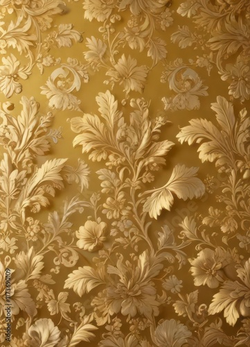 Damask floral pattern on gold background with intricate leaf details and subtle sheen ,  metallic ,  gold