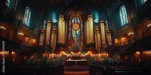 Majestic church interior with ornate pipe organ and stained glass.