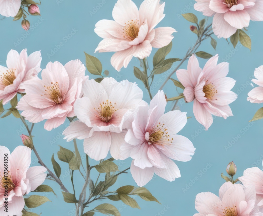 Delicate watercolor blooms on pale blue background , botanical art, floral pattern Delicate watercolor blooms on pale blue background , botanical art, floral pattern