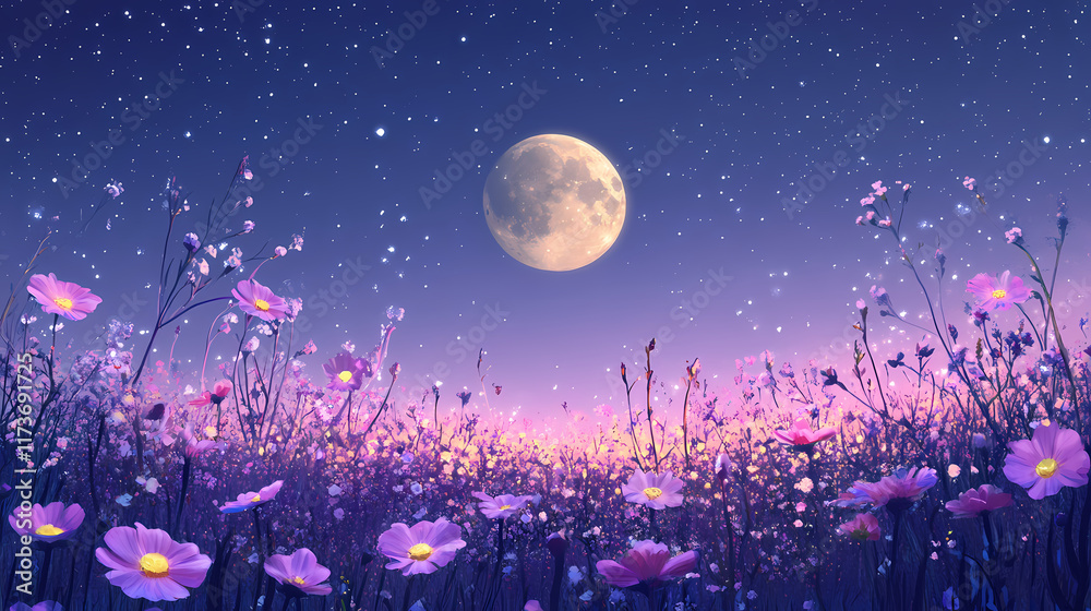 Fototapeta premium Radiant moon rising above blooming flower field with twinkling stars, meadow flowers, starlight. Moonrise. Illustration