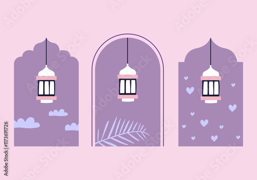 Ramadan Kareem eastern lanterns garland. Muslim ornamental hanging golden lanterns