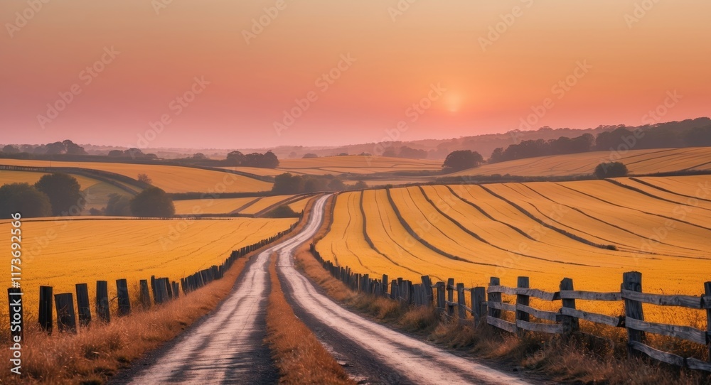Fototapeta premium Winding country road through golden fields at sunset in rural landscape