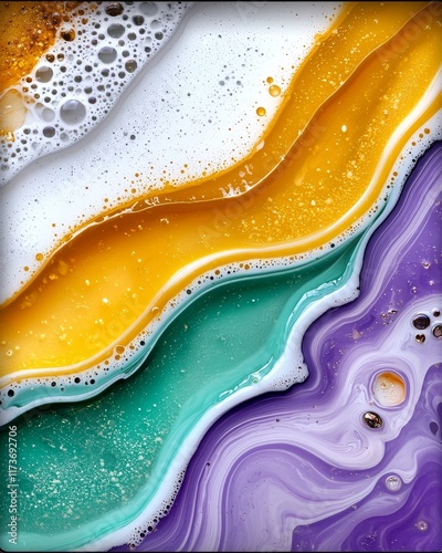 Abstract Swirling Fluid Art Purple Teal Gold White Acrylic Pour Painting Texture