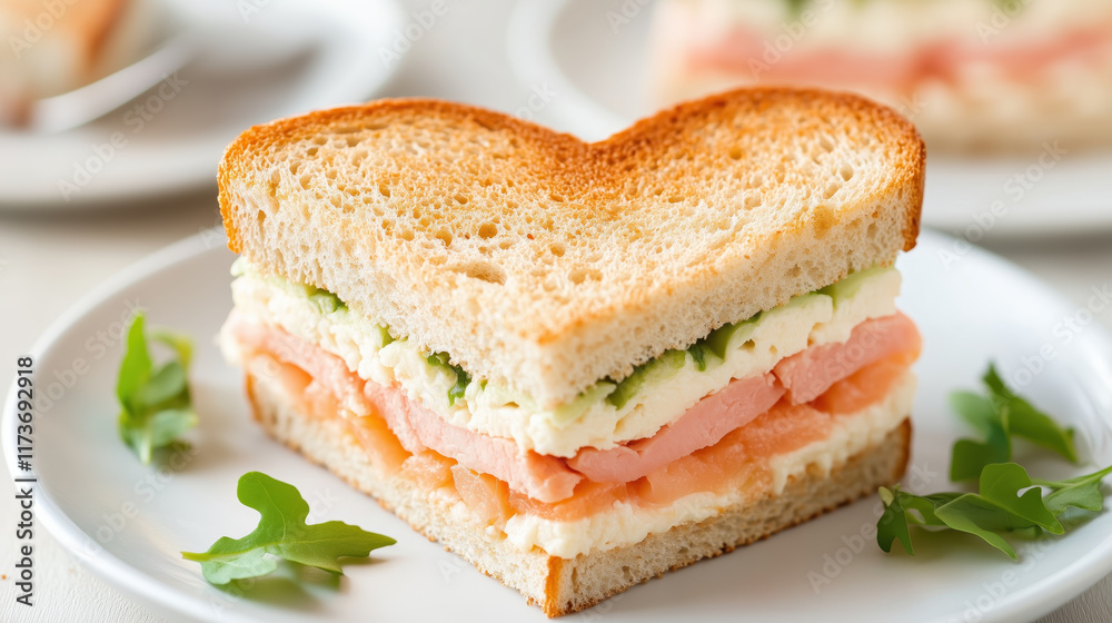 heart shaped sandwich with layers of salmon, cream cheese, and vegetables on plate, perfect for romantic meal heart shaped sandwich with layers of salmon, cream cheese, and vegetables on plate, perfect for romantic meal