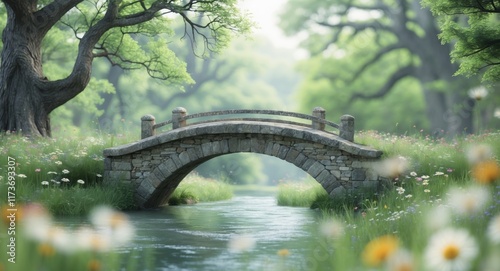 A picturesque scene of an old stone bridge crossing a gentle stream surrounded by trees and wildflowers inviting a sense of nostalgia