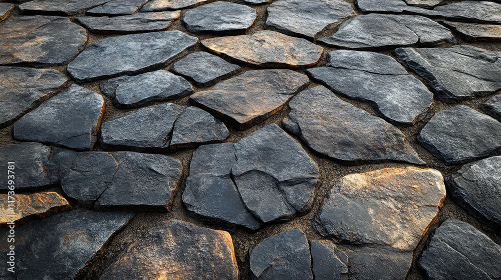 Fototapeta premium A flagstone pattern with dark grey pieces of stone and a beige sandy thin grout, photorealistic, hyperrealistic.