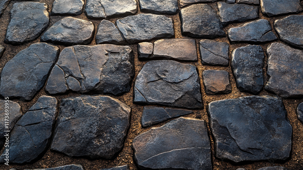 Fototapeta premium A flagstone pattern with dark grey pieces of stone and a beige sandy thin grout, photorealistic, hyperrealistic.
