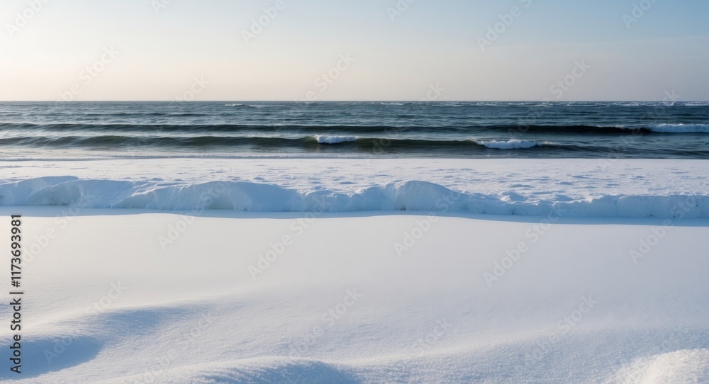 A pristine beach in winter where soft white snow contrasts with the dark blue ocean waves creating a stark and beautiful landscape