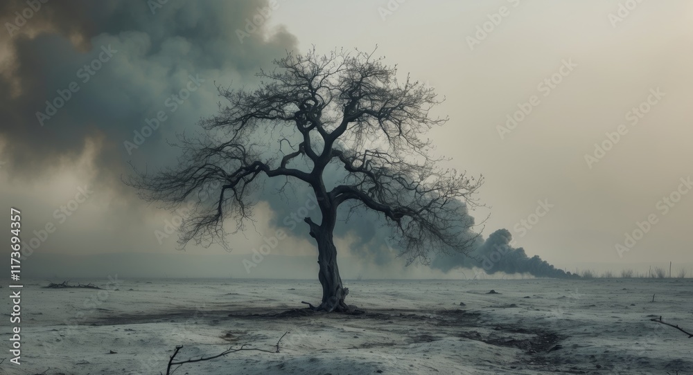 A tree stands alone in a field of ash and smoke A tree stands alone in a field of ash and smoke