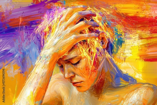 Surreal representation of migraine pain with vibrant colors and human figure expressing intense emotion