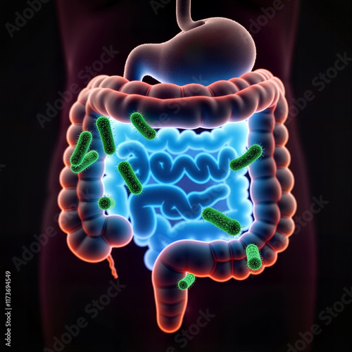 A bacteria attaching to the intestines and causing cholera, Glowing neon light photo