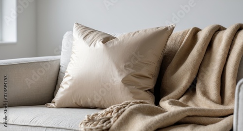 Beige Pillow Rests on Neutral Sofa with Throw photo