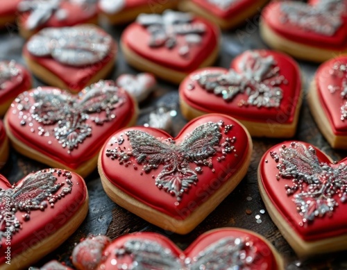 Delicious handmade cookies decorated with red hearts are perfect for celebrating Valentine's Day.