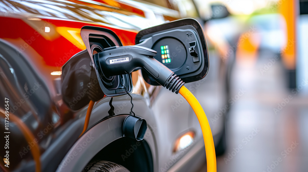 close up of an electric car plugged into a charging station. close up of an electric car plugged into a charging station.