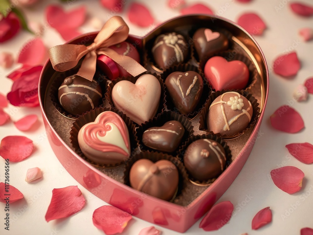 A luxurious heart-shaped box of chocolates, each piece elegantly decorated, with a scattering of rose petals around it.