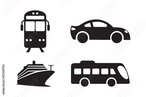 Set of Transportation Icons Featuring Car, Train, Ship, and Bus