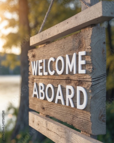 Welcome aboard message written on wooden sign