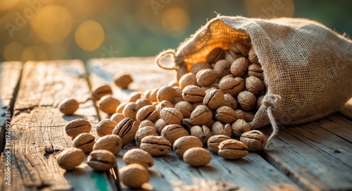 Sack of fresh walnuts spilling on rustic table with warm sunlight photo