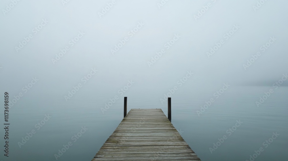 Fototapeta premium Misty lake with wooden pier extending into fog.
