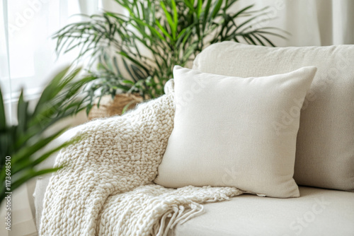 White Pillow on Sofa in Neutral Beige Living Room. Interior Design Concept or Mock-up