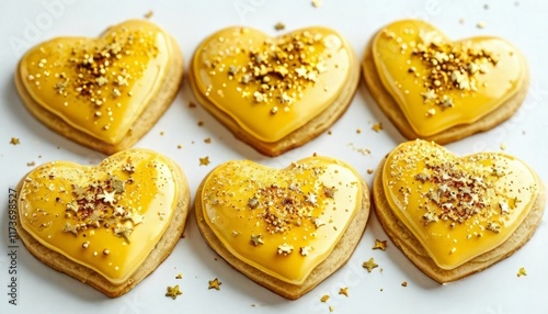 Delicious handmade cookies decorated with yellow hearts on a white background.