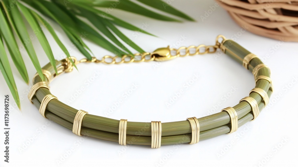 Elegant Olive Green Bamboo Bracelet with Gold Accents Elegant Olive Green Bamboo Bracelet with Gold Accents