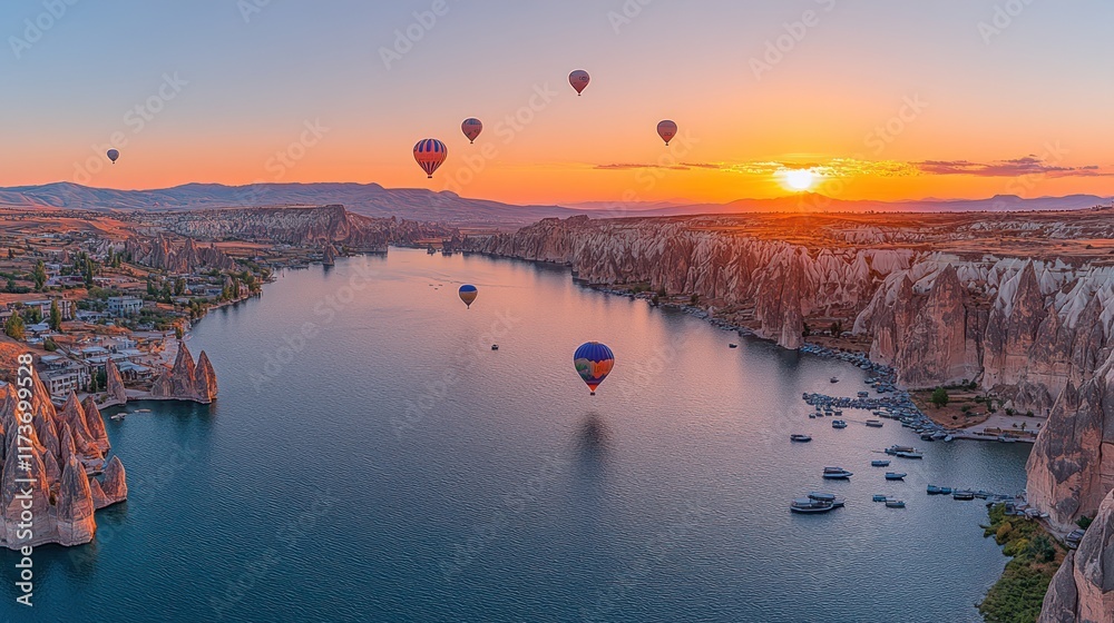 Fototapeta premium Sunrise hot air balloons over river valley.