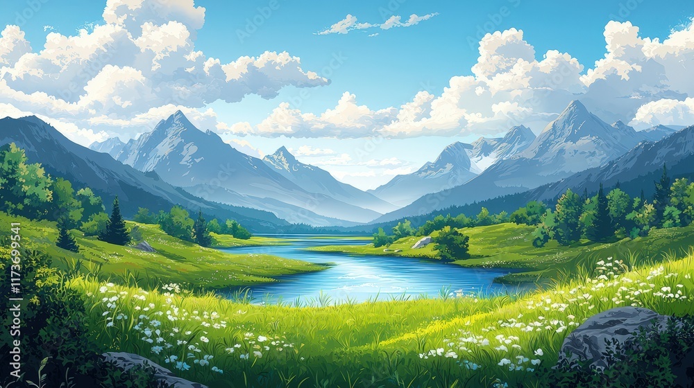 Majestic Mountain Landscape with Serene Lake and Lush Greenery - Picturesque Natural Beauty Majestic Mountain Landscape with Serene Lake and Lush Greenery - Picturesque Natural Beauty