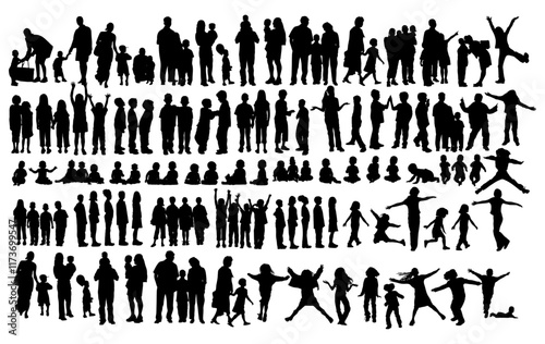 Families Together: A crowd of diverse family silhouettes of varying heights, ages, and activities, depicted in a black and white minimalist style, representing the concept of unity and community.