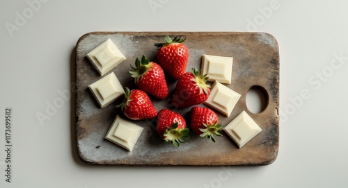 Decoratively arranged strawberries with white chocolate on a wooden cutting board photo