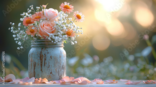 Peach roses, daisies, baby's breath in rustic jar on outdoor table, sunset backdrop