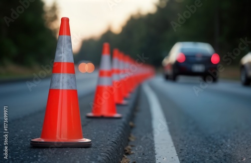 Roadside traffic cones signal DUI checkpoint. Law enforcement control traffic flow on roadway. Cautionary markers direct drivers. Evening light illuminates scene. Road safety initiative. Alert photo