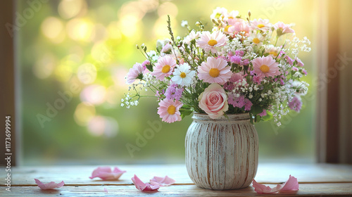 Pink, white flowers in vase on windowsill, garden bokeh background, home decor