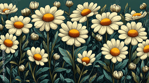 White daisies blooming in a field, dark green background, floral design