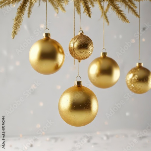 Glittering gold Christmas ornaments suspended in mid-air against a simple white background,  ornaments,  decorations