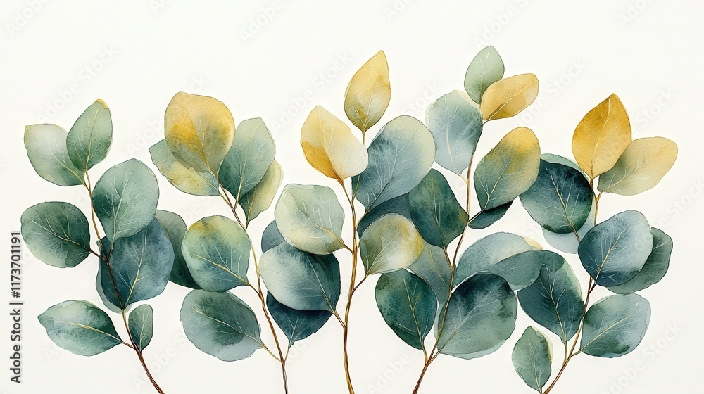Watercolor Eucalyptus Leaves and Branches - Elegant, Tranquil Botanical Design Watercolor Eucalyptus Leaves and Branches - Elegant, Tranquil Botanical Design