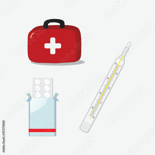 medical cartoon set of bag, pills, thermometer illustration