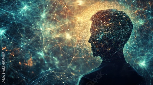 Silhouette of a man's head with a network of connections, symbolizing the human mind and its complex neural pathways.