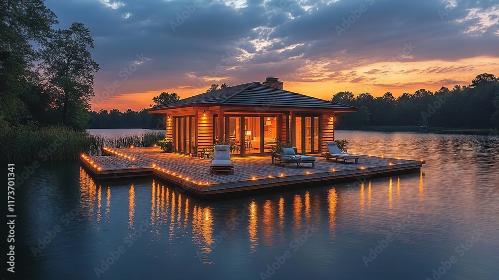 Fototapeta premium Luxurious Lakeside Pavilion at Sunset