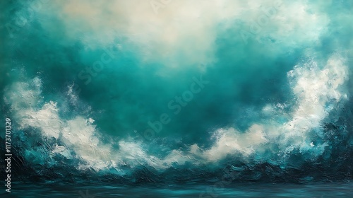 Teal and white abstract art painting.