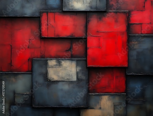 Abstract red and grey square textured art.