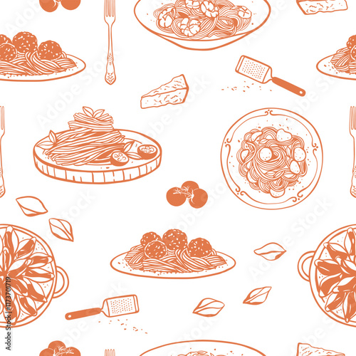 Different Italian pasta seamless pattern. Hand drawn food sketch style design for textile, menu, wrapping paper