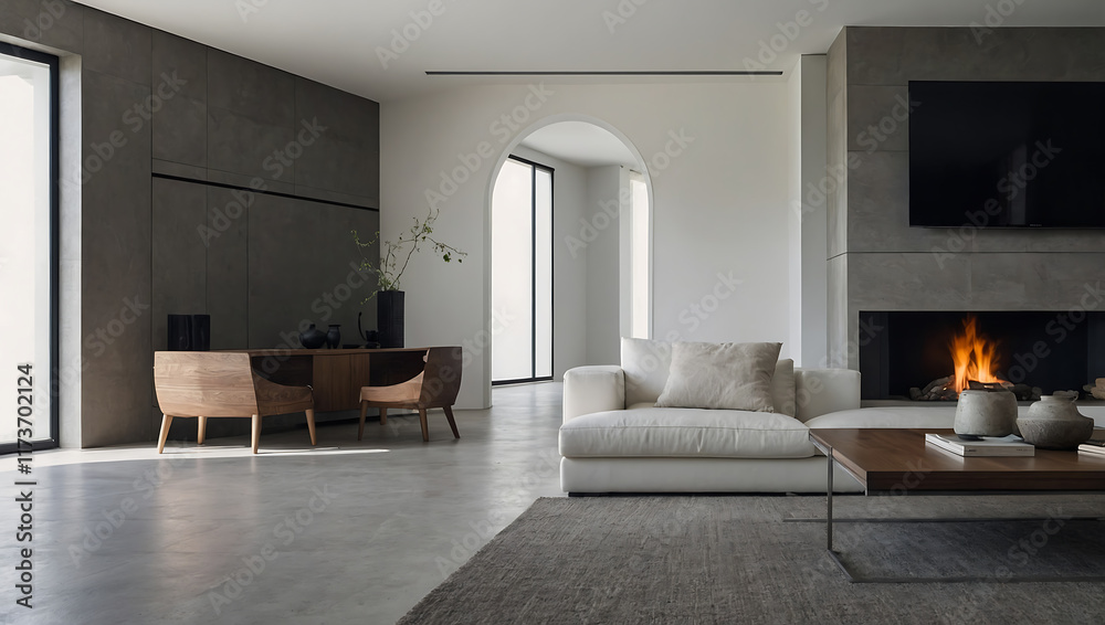 Fototapeta premium Modern Living Room Interior with Fireplace and Concrete Walls