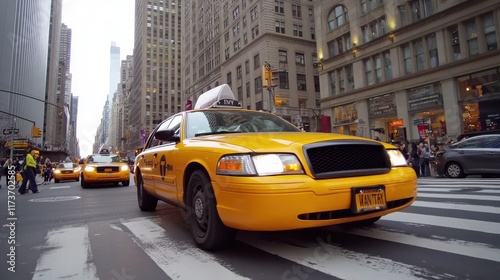 A classic New York City street scene featuring iconic yellow taxis swiftly maneuvering through the bustling urban landscape.