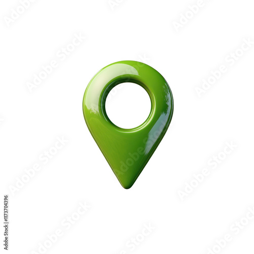 Green 3D location pin icon with a hole in the center, sleek and glossy design. Suitable for map markers, navigation, and location services. Isolated on transparent background, png.